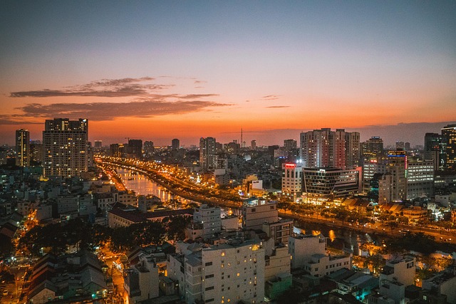 Vibrant cityscape at sunset